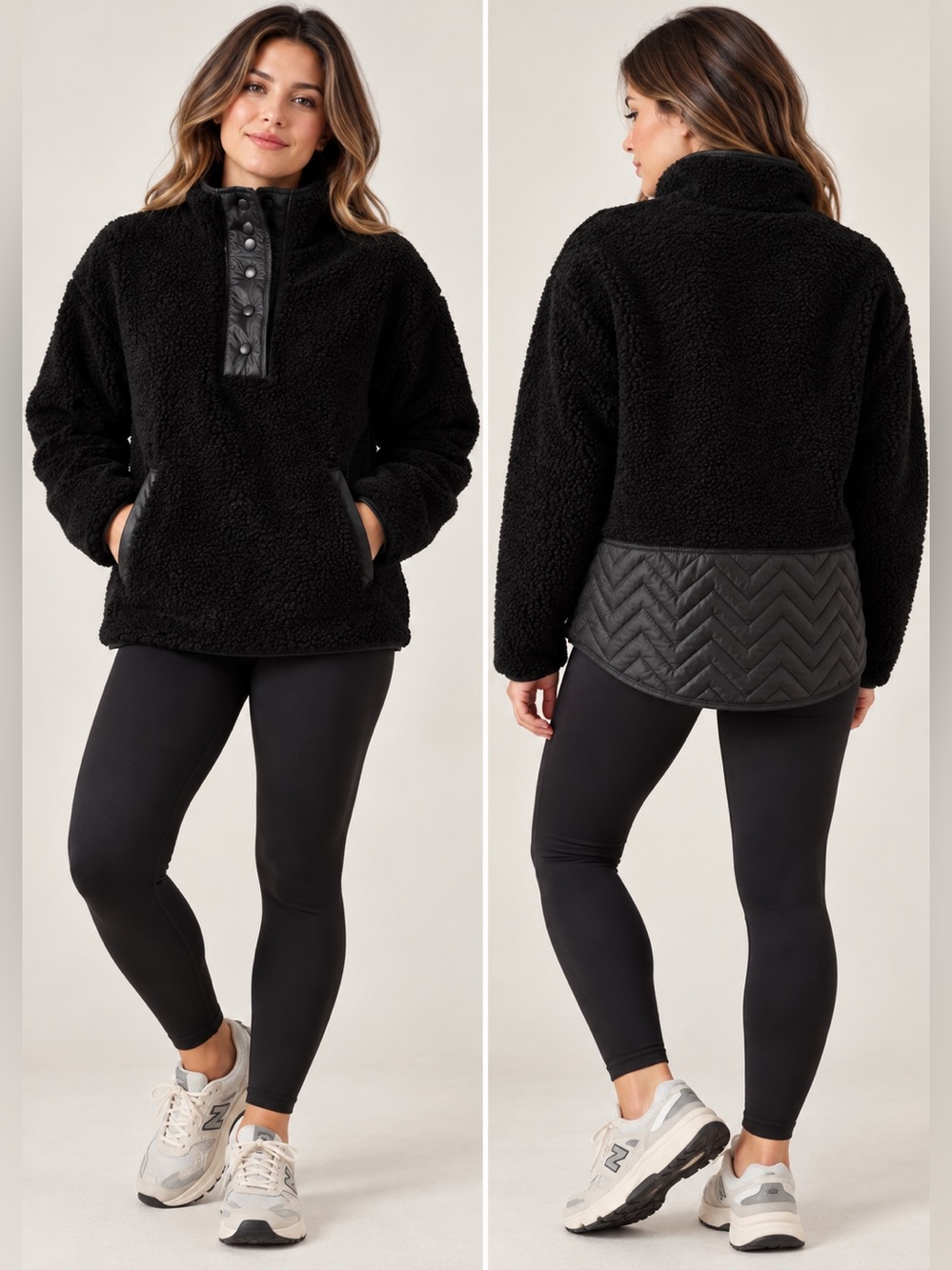 Athleta Women’s Small Black Sherpa Fleece Pullover Quilted High Low Hem